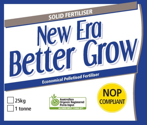 New Era Better Grow Pelletised Organic Fertilier Label